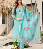 Sky blue color viscose embroidered sttiched kurta set