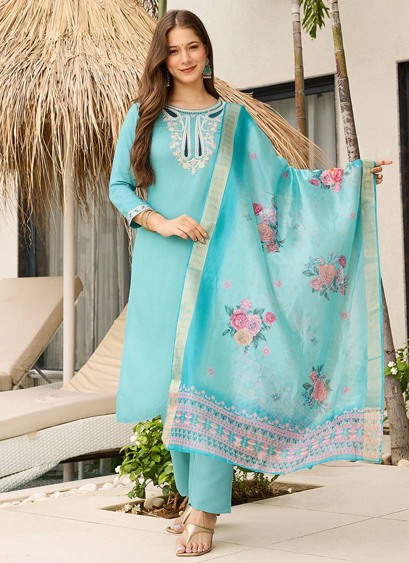 Sky blue color viscose embroidered sttiched kurta set