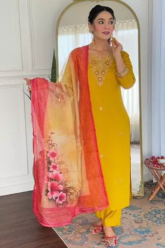 Yelllow color rayon embroidered straight suit