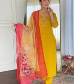 Yelllow color rayon embroidered straight suit