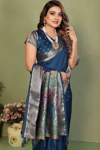 Teal Color Zari Gold & Weaving Paithani Silk Saree