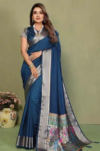 Teal Color Zari Gold & Weaving Paithani Silk Saree