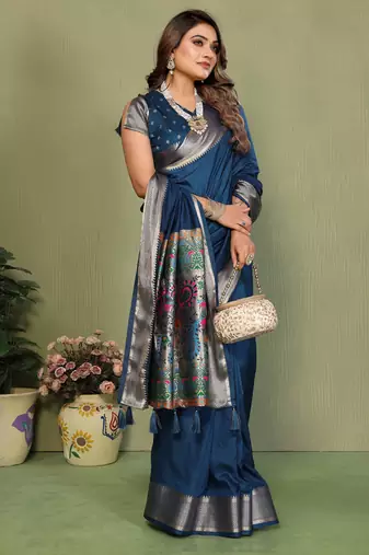 Teal Color Zari Gold & Weaving Paithani Silk Saree