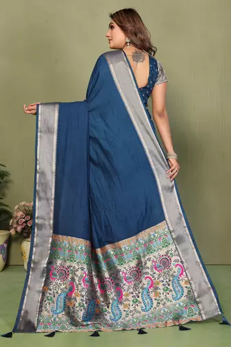 Teal Color Zari Gold & Weaving Paithani Silk Saree