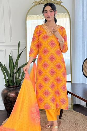 Yellow rayon printed readymade kurta set