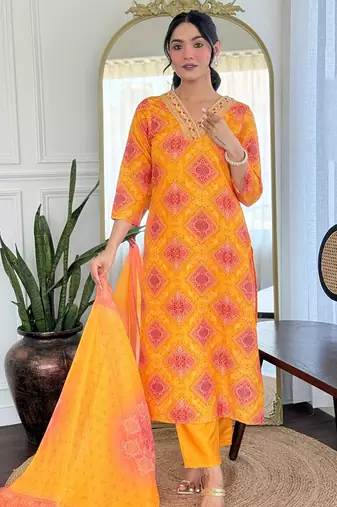 Yellow rayon printed readymade kurta set