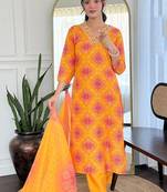 Yellow rayon printed readymade kurta set
