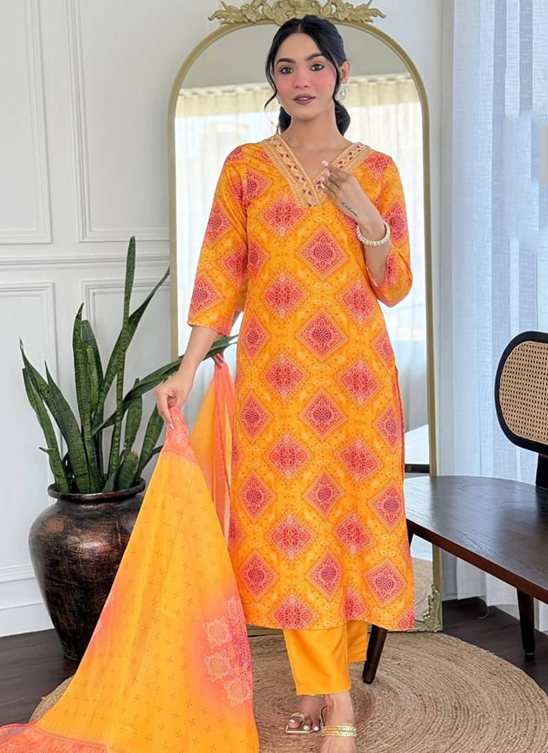Yellow rayon printed readymade kurta set