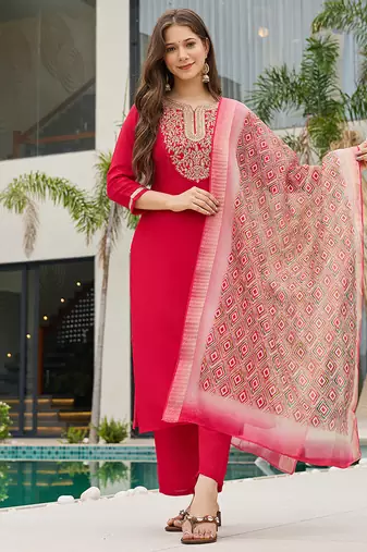 Rani pink color rayon embroidered kurta set