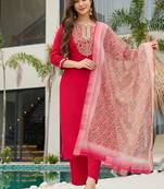 Rani pink color rayon embroidered kurta set