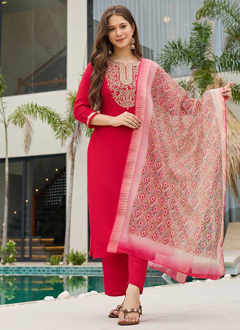 Rani pink color rayon embroidered kurta set