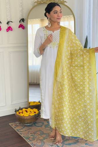 White color viscose embroidered sttiched kurta set