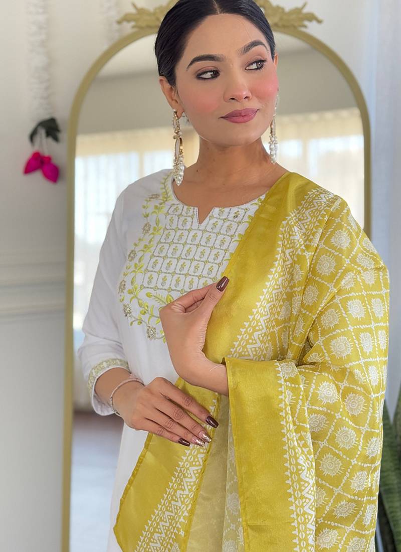 White color viscose embroidered sttiched kurta set