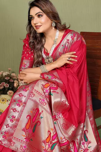 Rani Pink Color Zari Gold & Weaving Paithani Silk Saree