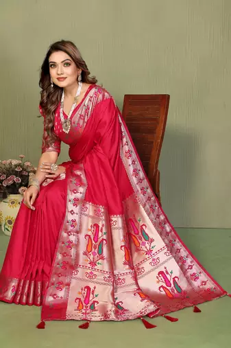 Rani Pink Color Zari Gold & Weaving Paithani Silk Saree
