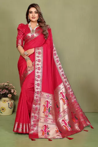 Rani Pink Color Zari Gold & Weaving Paithani Silk Saree