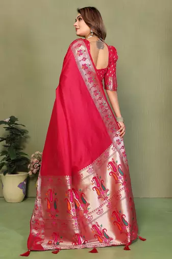 Rani Pink Color Zari Gold & Weaving Paithani Silk Saree