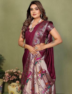 Wine Color Zari Gold & Weaving Paithani Silk Saree 1