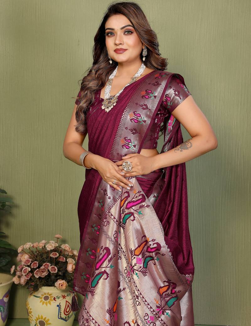 Wine Color Zari Gold & Weaving Paithani Silk Saree