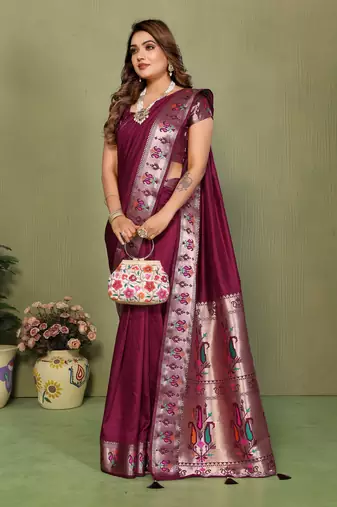 Wine Color Zari Gold & Weaving Paithani Silk Saree