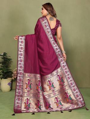 Wine Color Zari Gold & Weaving Paithani Silk Saree 4