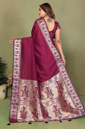 Wine Color Zari Gold & Weaving Paithani Silk Saree