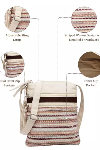 pink canvas sling bag with striped pattern