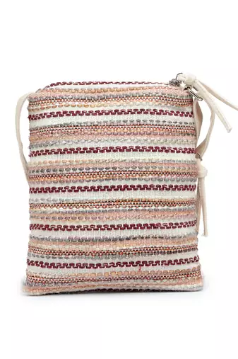 pink canvas sling bag with striped pattern