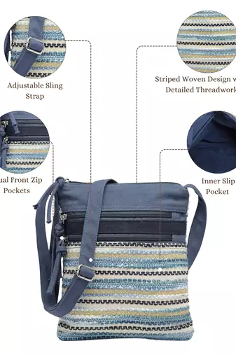 blue acrylic sling bag with striped pattern