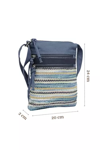 blue acrylic sling bag with striped pattern