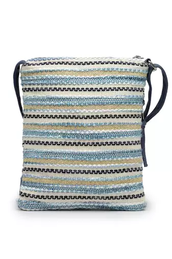 blue acrylic sling bag with striped pattern