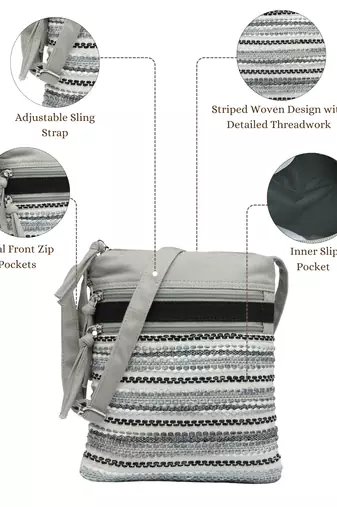 grey acrylic sling bag with striped pattern