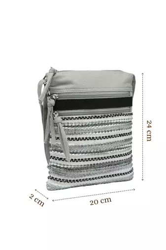 grey acrylic sling bag with striped pattern