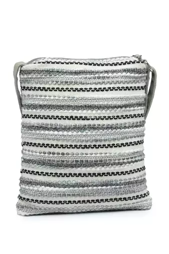 grey acrylic sling bag with striped pattern