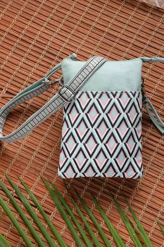 Anekaant tile trip teal canvas geometric printed sling bag