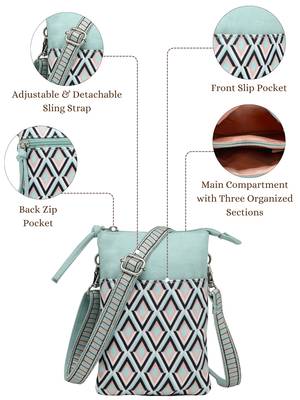 teal canvas sling bag with geometric print 4