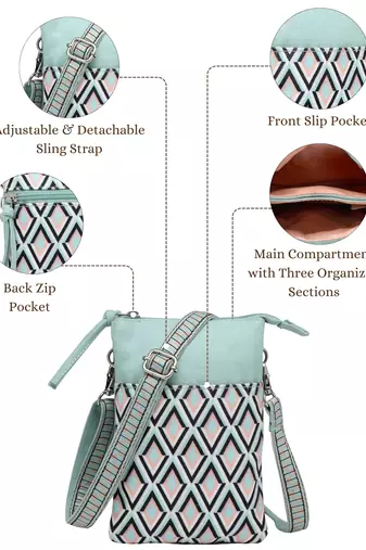 teal canvas sling bag with geometric print