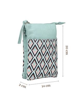 teal canvas sling bag with geometric print 5