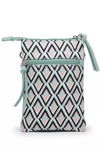 teal canvas sling bag with geometric print