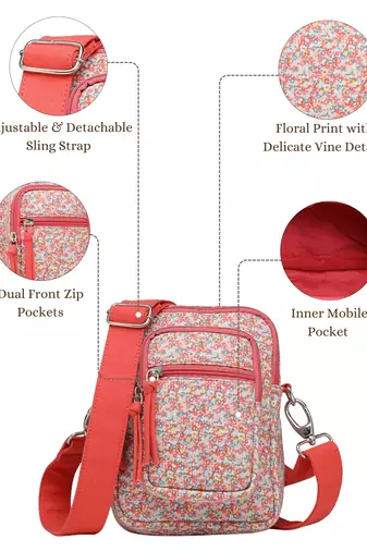 red canvas sling bag with floral print