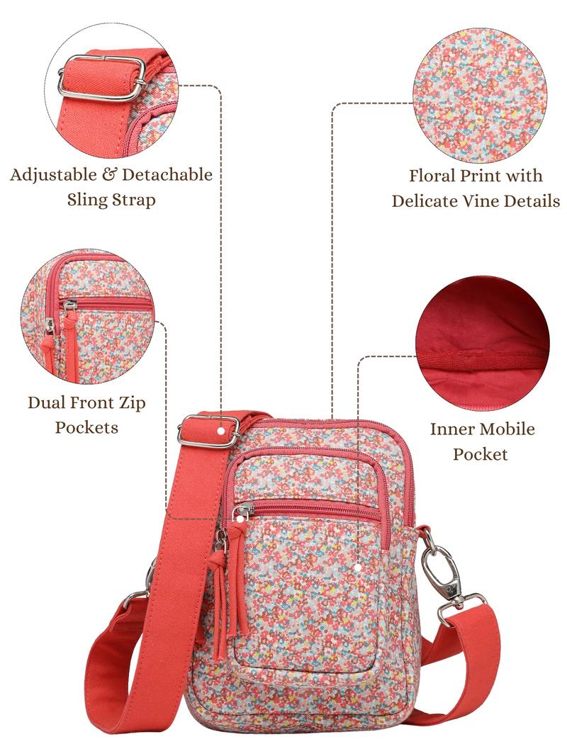 Anekaant meadow tales red canvas floral sling bag