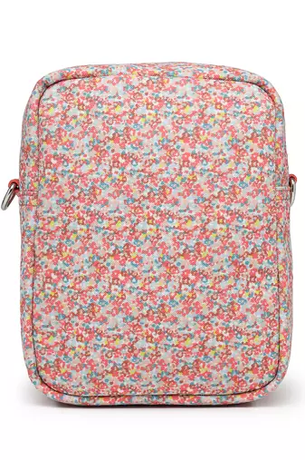 red canvas sling bag with floral print