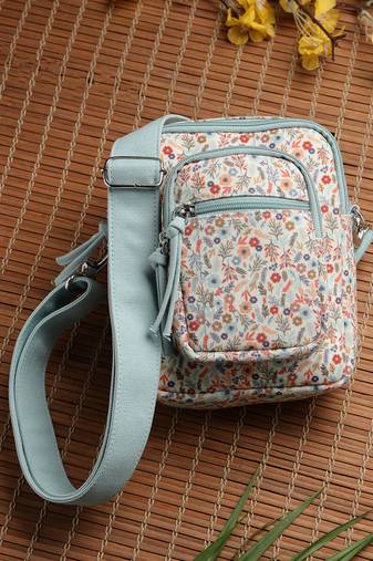 Anekaant meadow tales teal canvas floral sling bag