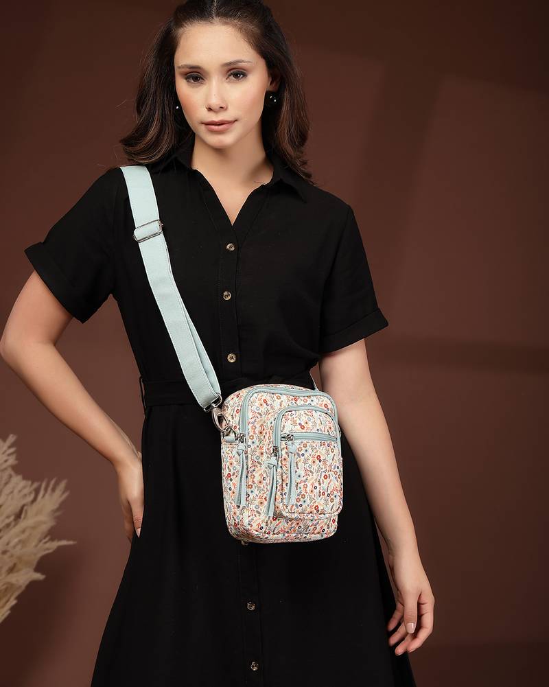 Anekaant meadow tales teal canvas floral sling bag