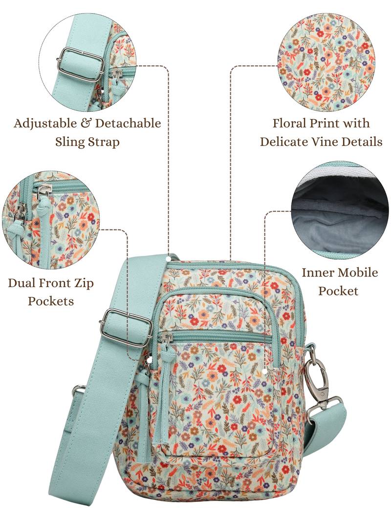 Anekaant meadow tales teal canvas floral sling bag