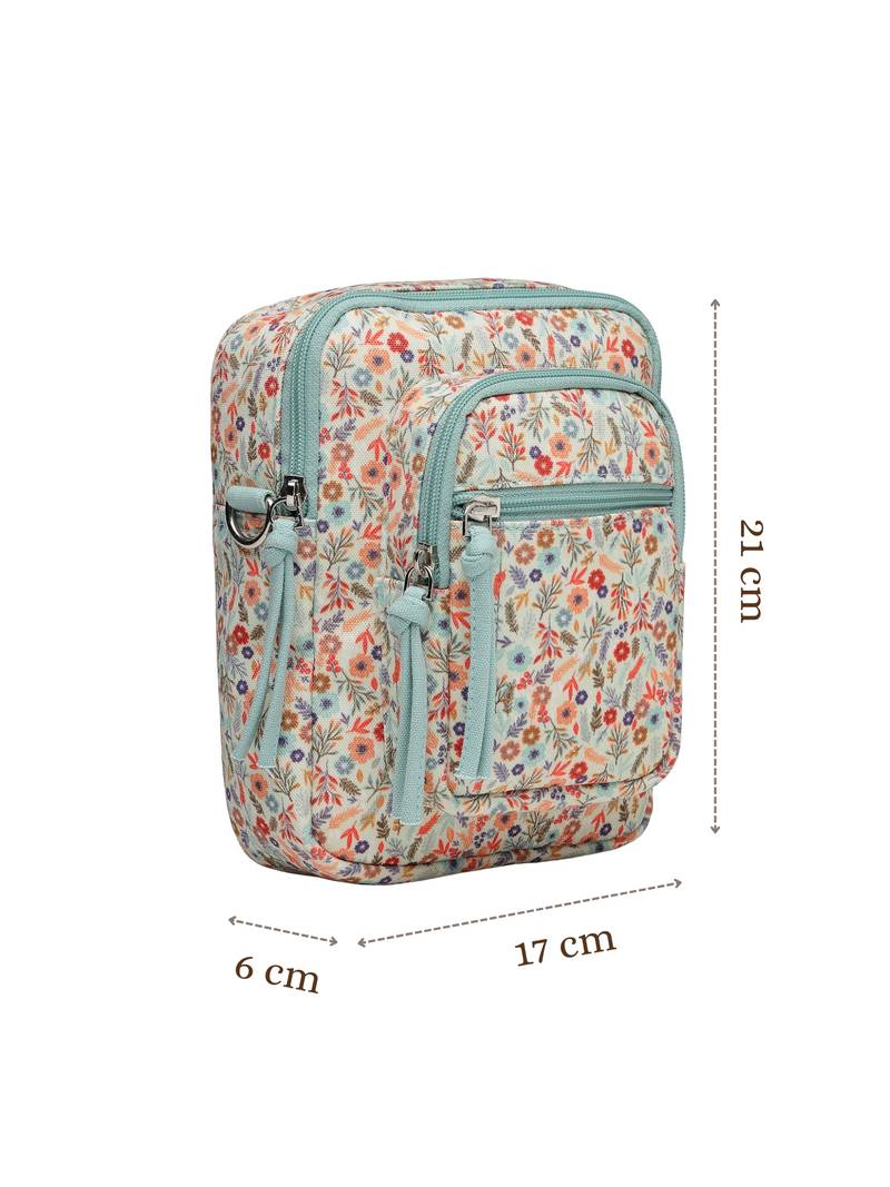 Anekaant meadow tales teal canvas floral sling bag