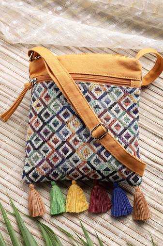 Anekaant lines & loops mustard acrylic geometric sling bag