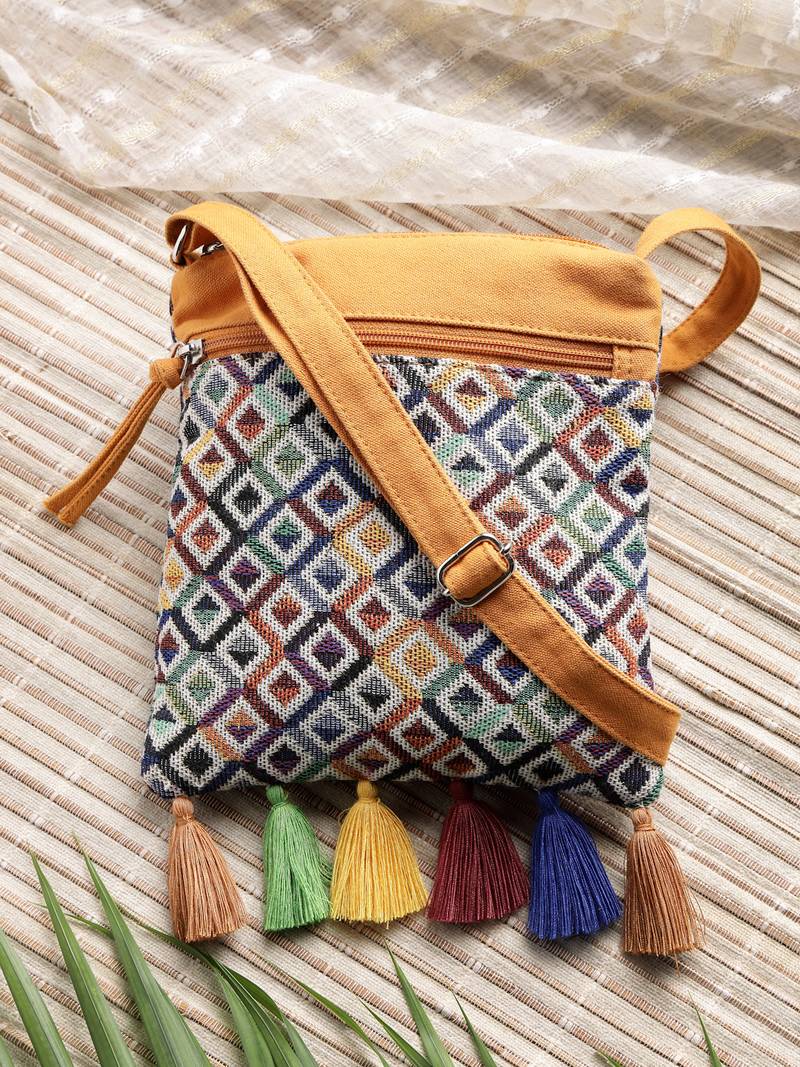 Anekaant lines & loops mustard acrylic geometric sling bag