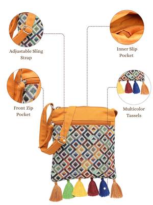 mustard canvas sling bag with geometric design 4
