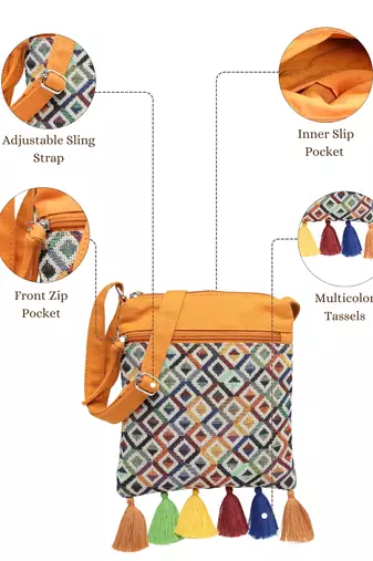 mustard canvas sling bag with geometric design